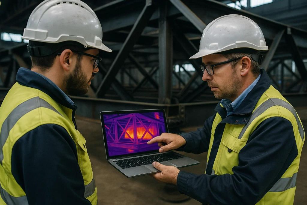 Técnicos revisando termografía para controlar un tratamiento térmico industrial en una estructura metálica