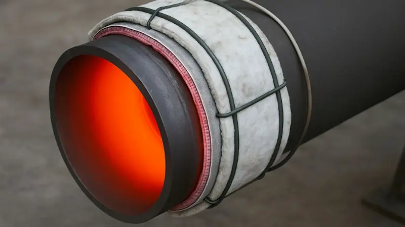 Tratamiento térmico post soldadura en tubería industrial con sistema de calentamiento y aislamiento térmico.